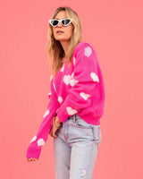 Women's Oversized Fuzzy Heart Knit Pullover Sweater