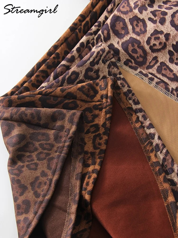 Leopard Print Suede Maxi Skirt – Women's Autumn Winter