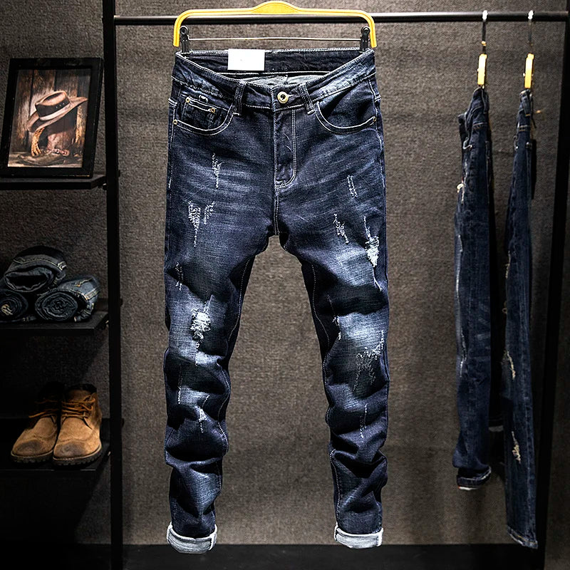 Men's Slim-Fit Ripped Jeans | Blue Black Denim