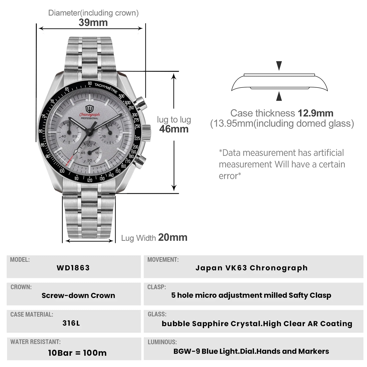 Watchdives WD1863 39mmMen's Watch VK63 Quartz Timing Movement Bubble Sapphire Crystal Night Light Retro Watch 10Bar Waterproof