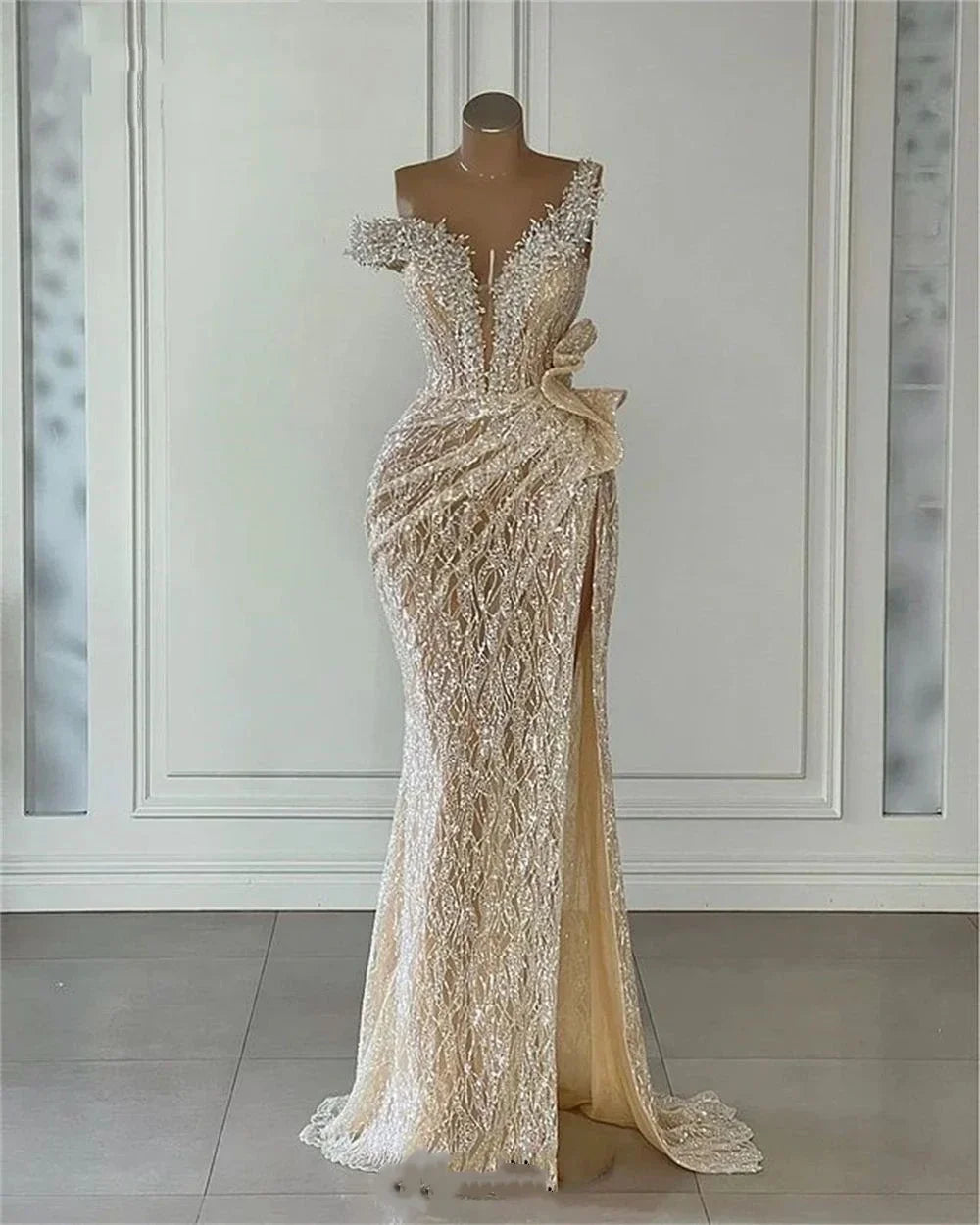 Champagne Sequin Mermaid Gown | One-Shoulder Formal Dress