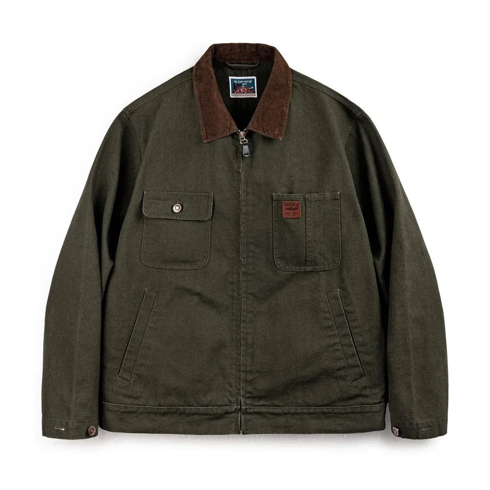 Maden Retro Heavyweight Canvas Detroit Jacket Corduroy Collar Hunting Short Zip-Up Jacket with Pockets Men's Autumn Outerwear