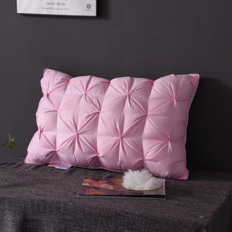 Luxury 100% Goose Down Feather Stuffed Pillows Pinch Pleat Design Neck Protection Bed Pure Cotton Cover Cushion for Sleeping
