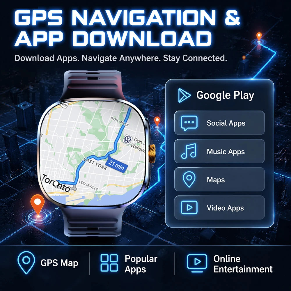 8GB+128GB RAM 4G/3G Smart Watch 2.40 inch AMOLED 2100mah Battery 900W Camera GPS WIFI Google APPS Download Smartwatch Android 10