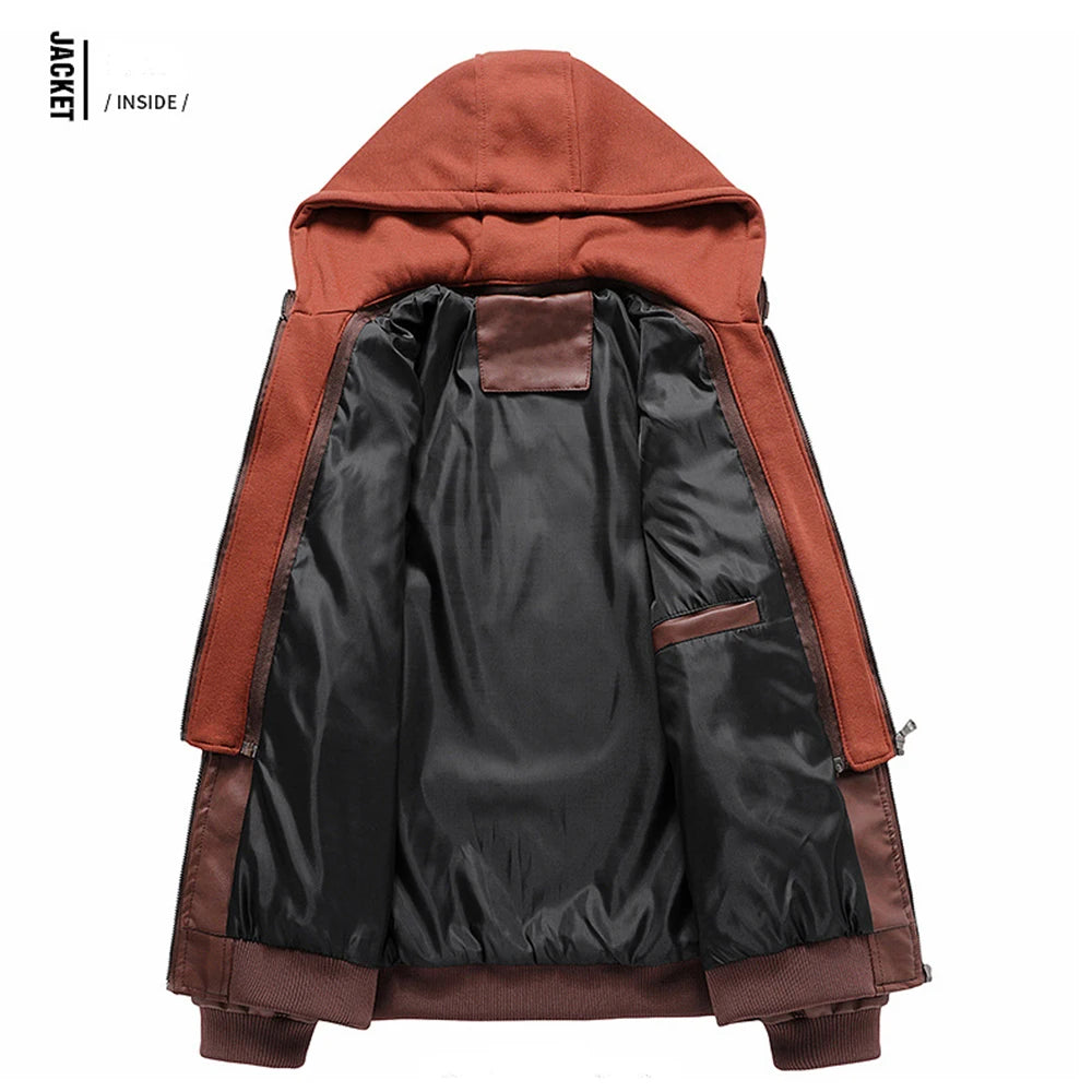 Men's Faux Leather Moto Jacket with Detachable Hood