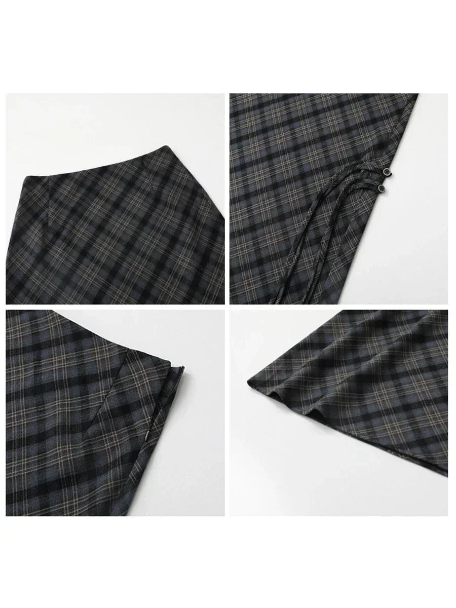 CHIC VEN Women Long Skirt Casual New Sweet Cool Style High Waist Slit Plaid Half Skirt Straight Tube Skirts Spring Autumn 2024