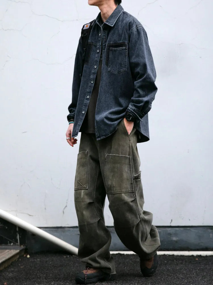 Mens High Quality Custom Weave Slub Deconstructed Patchwork Denim Shirt Trendy Distressed Wash Streetwear Casual Long Sleeve