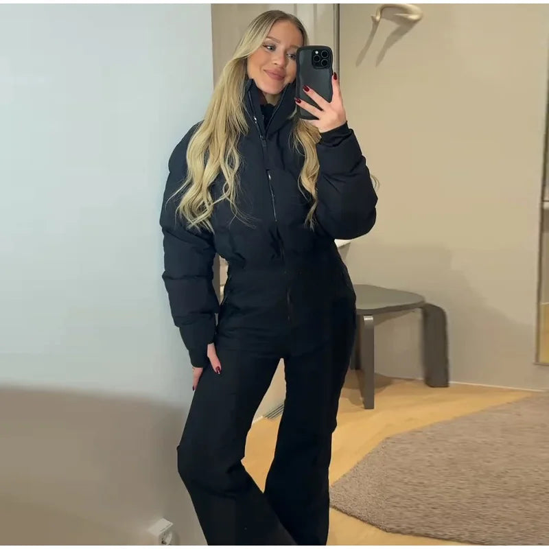 Elegant Faux Fur Hooded Women's Ski Jumpsuit