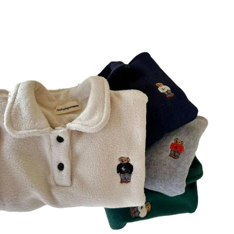 Kids' Bear Embroidered Fleece Polo Sweatshirt