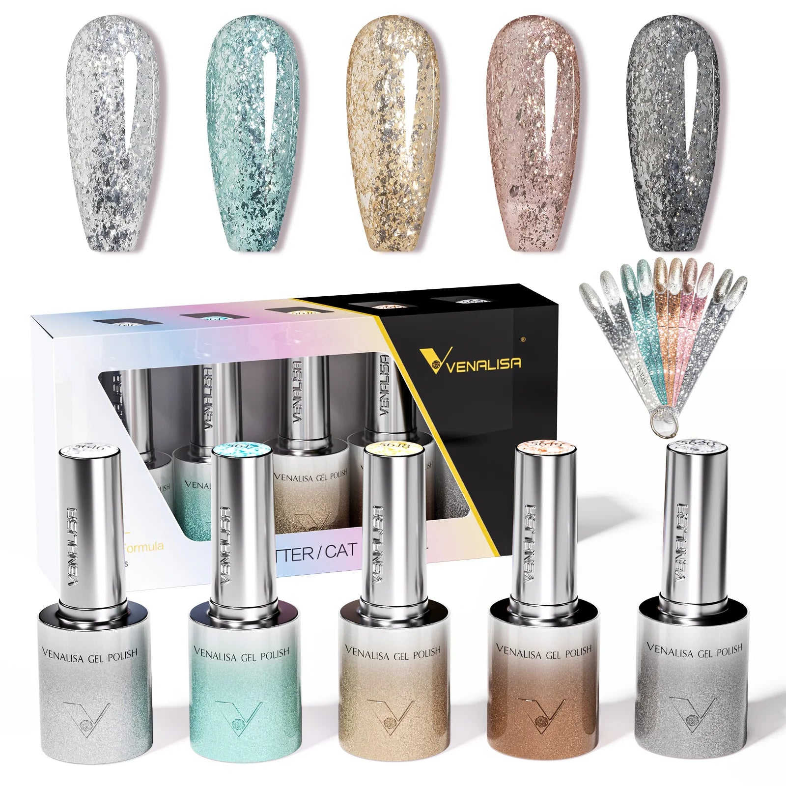 5pcs Venalisa Hema/TPO Free Cat Eye Nail Gel Polish Color Palette Kit Ultra Glitter Diamond Sparkle Soak Off UV LED Varnish Set