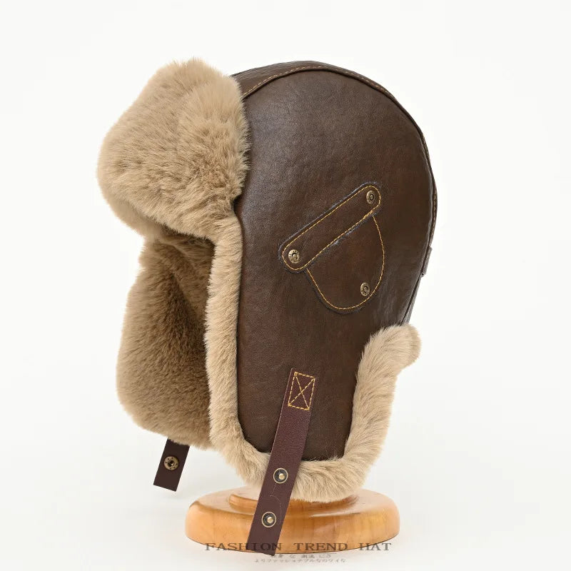 retro leather pilot hat Faux fur Bomber hat men ski cap winter hat women thickened warm ear protect hat classic riding cap털모자