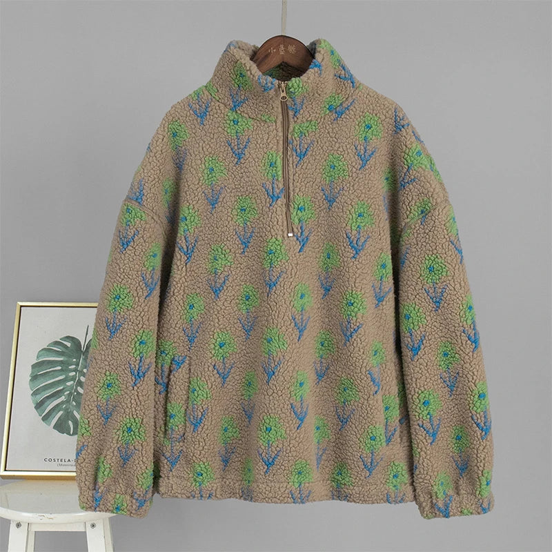 TARUXY Fleece Printing Sweatshirt Women's Half-Zip Sweatshirt Fleece Loose Turtleneck Pullover Female Winter Leisure Sweatshirt