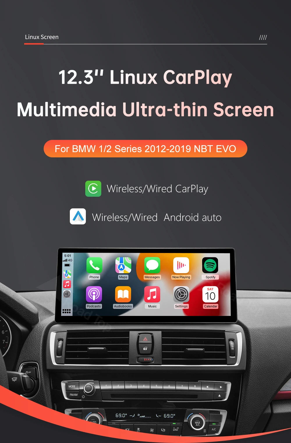 12.3'' BMW F20/F21/F22/F23 Linux CarPlay & Android Auto Screen