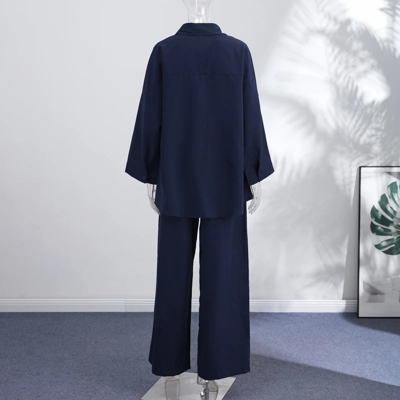 Fashion Stripe Long Pants Set Women Chic Lapel Single Breasted Shirt High Waist Wide Leg Trousers 2026 Spring New 2 Pcs Outfits