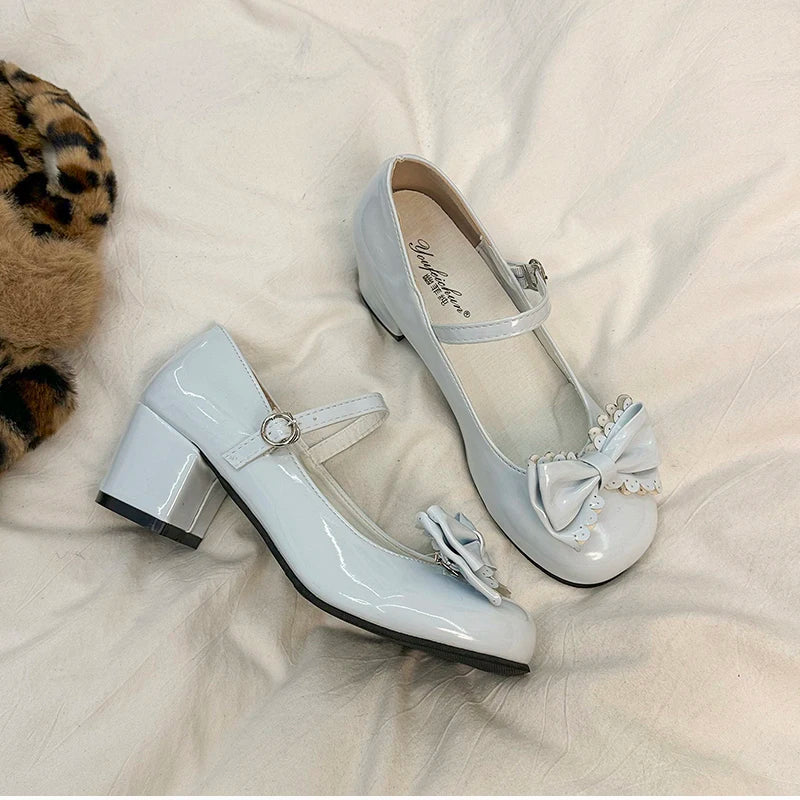 Cute Butterfly-knot Women Lolita Mary Jane Shoes Concise Thick Heel Leather Shoes Ladies Shallow Pumps