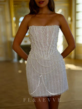 Customized Short Pearls Beading Wedding Dress Strapless Evening Gown Mini Skirt Backless Formal Party Dresses