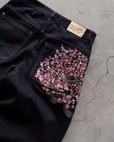 Cherry Blossom Embroidered Wide Leg Jeans