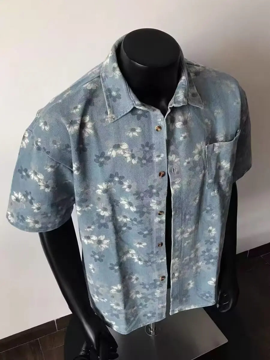 2025 Summer New Floral Short Sleeve Men's Denim Shirt Thin American Retro Layered Wear Outerwear Jacket Breathable Polyester
