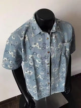 2025 Summer New Floral Short Sleeve Men's Denim Shirt Thin American Retro Layered Wear Outerwear Jacket Breathable Polyester