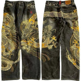 Harajuku Dragon & Snake Embroidered Wide-Leg Jeans