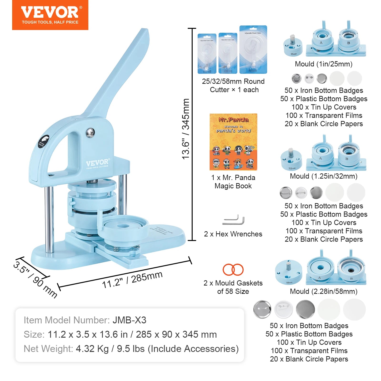 SucceBuy 3-IN-1 Button Maker Button Maker Machine with Panda Magic Book  Ergonomic Arc Handle Punch Press Kit