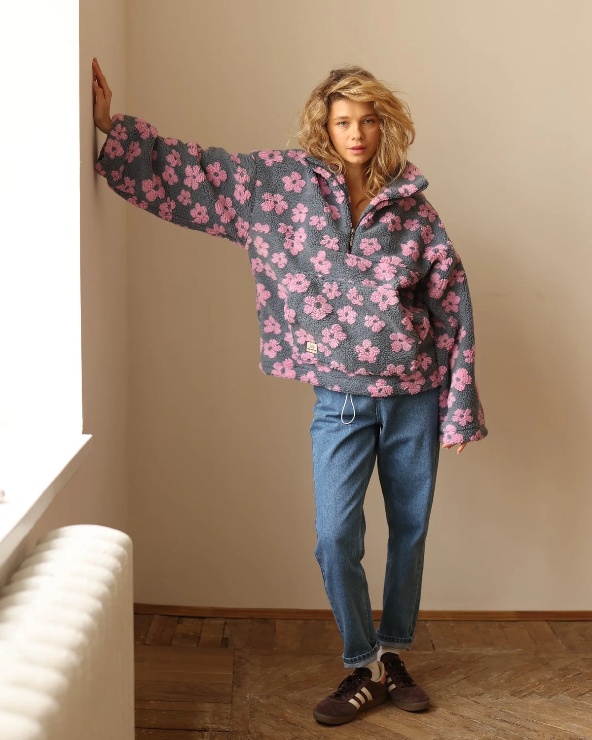 Zekye Women's Sweatshirt Flower Fleece Half Zipper Lapel Sweater Thickened with Lining Winter Clothes Woman Y2k Clothes