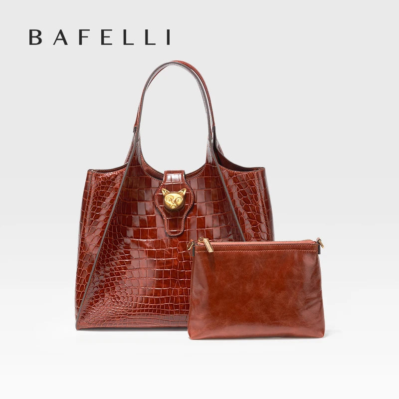 BAFELLI Croc-Embossed Genuine Leather Tote Bag