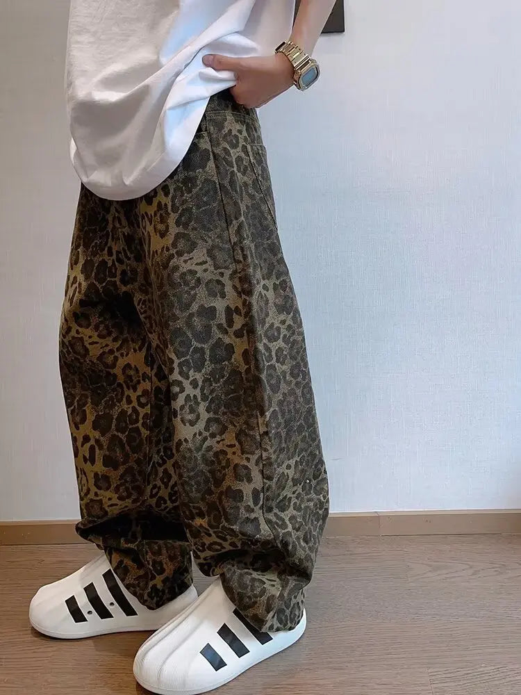 Men's Leopard Print Wide-Leg Denim Jeans