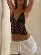 Women's Polka Dot Halter Cami | Backless V-Neck Y2K Coquette Crop Top