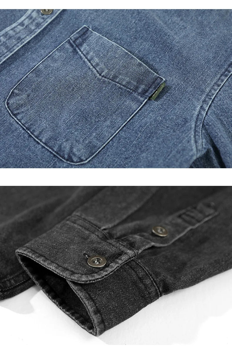 Retro American Washed Denim Jacket Loose Casual Long Sleeve Shirt for Men Autumn Fashion Urban Style Cotton Machine Washable
