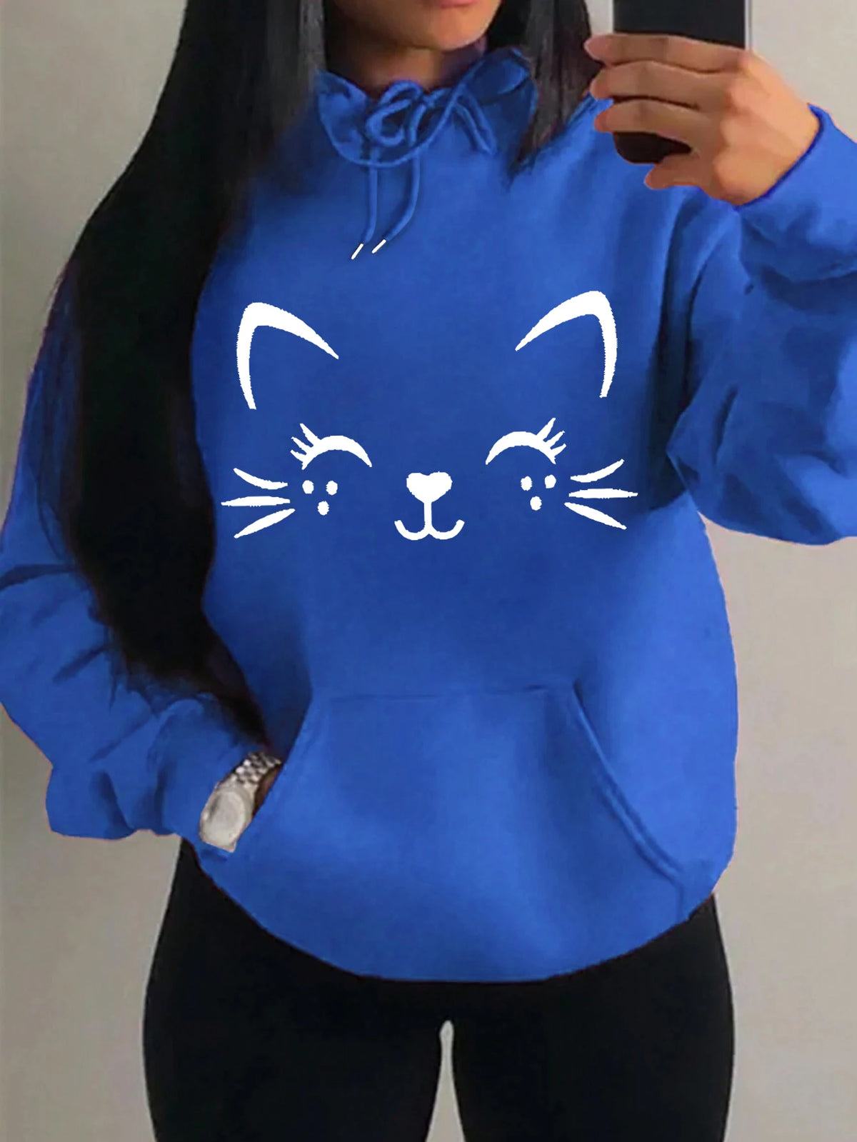 Women's Playful Cat Graphic Fleece Hoodie