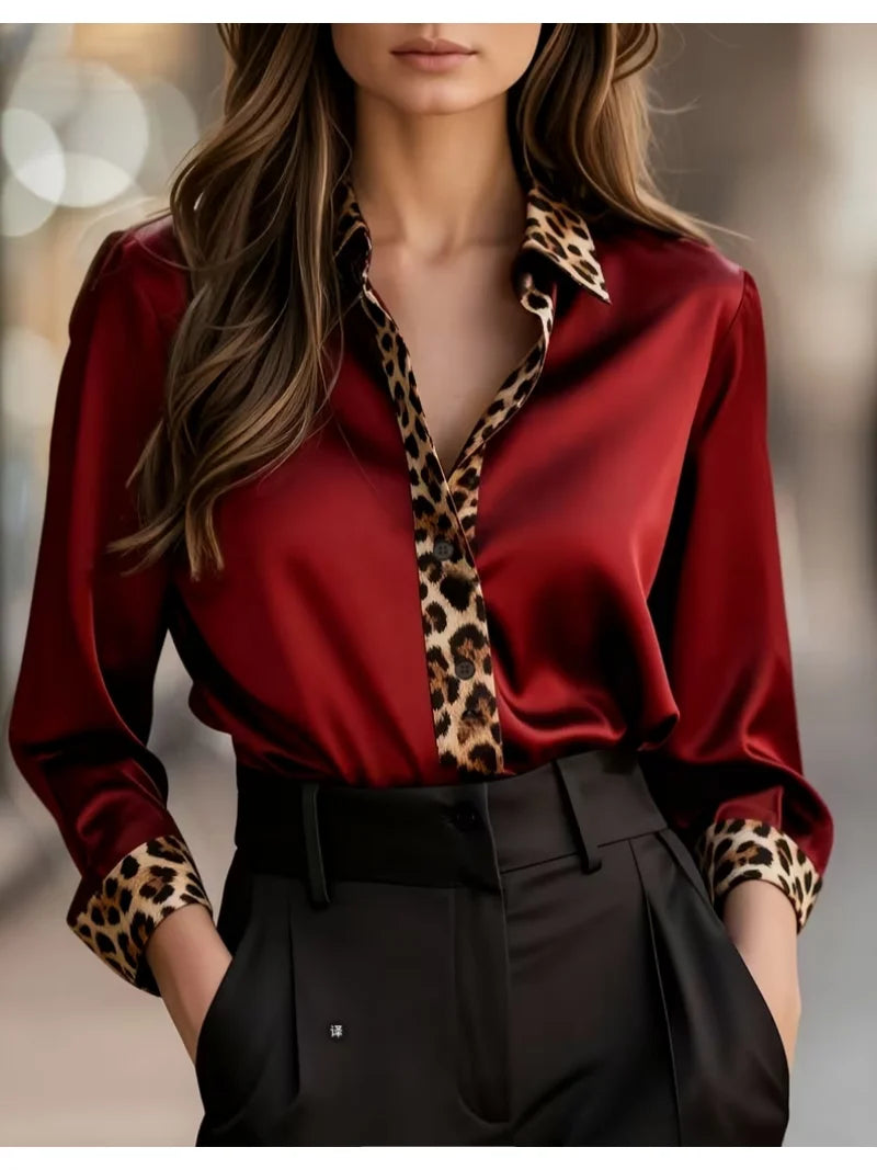 Women's Long-Sleeve Leopard Trim Loose-Fit Button-Down Blouse