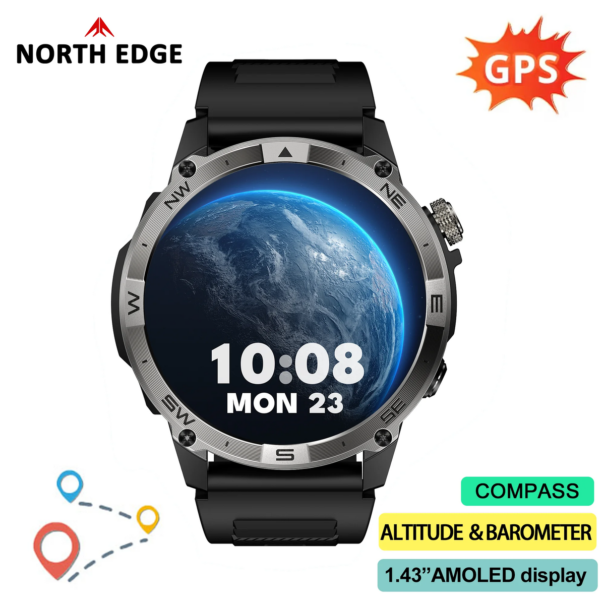 NORTH EDGE GPS Smart Watch – AMOLED, Bluetooth & IP68