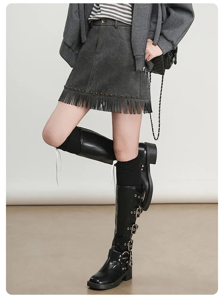 LOUIS YAO Tassels Rivet A-line Half Skirt 2025 Autumn Short Skirts Fashionable and Gentle Casual  Women's Half Skirt