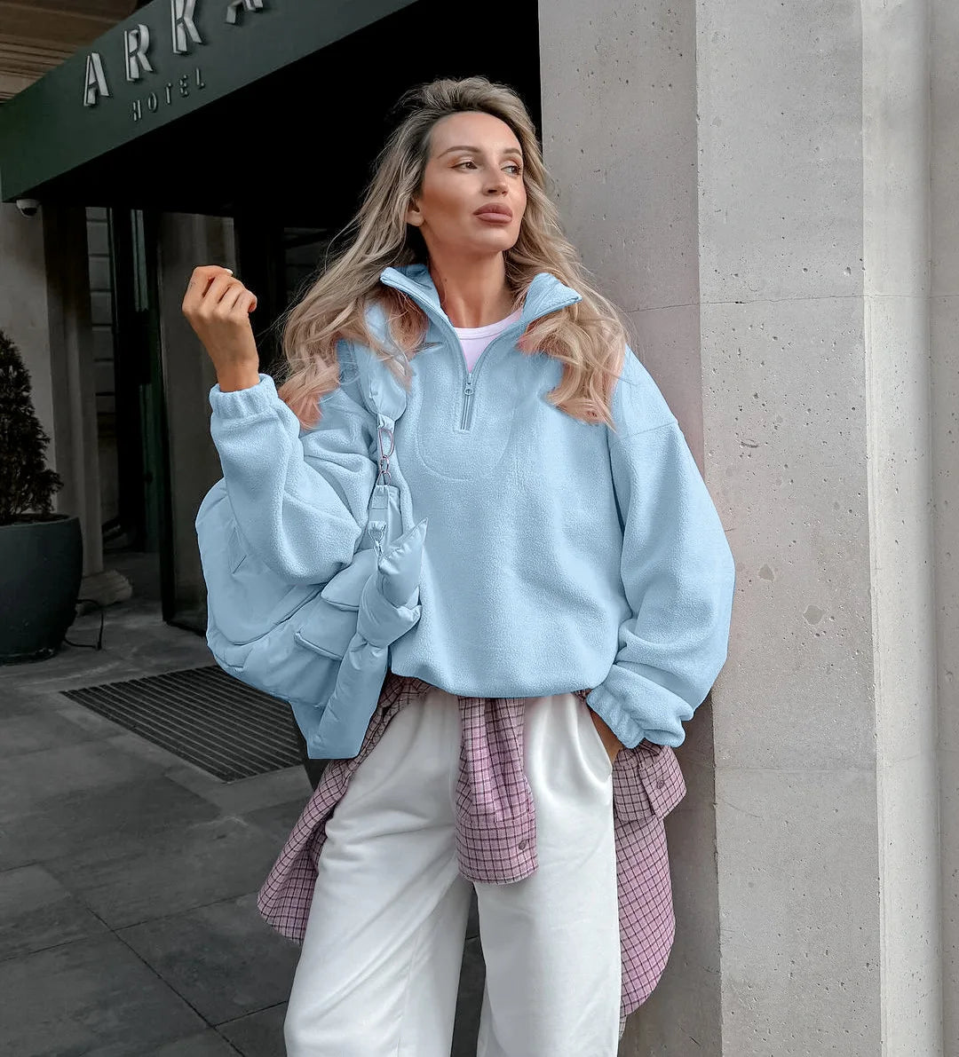 Women Autumn Winter Fleece Hoodies Elegant Stand Collar Zipper Loose Sweatshirt Elegant Solid Pullover Casual Top Streetwear