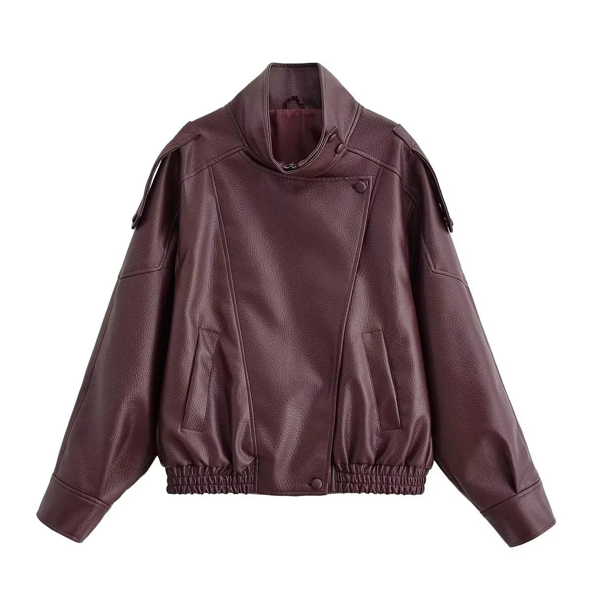 HH 2026 Women Trend Pu Leather Black Coats Stand Collar Long Sleeve Zipper Jacket Woman Fashion Vintage High Street Pu Jackets