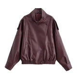 HH 2026 Women Trend Pu Leather Black Coats Stand Collar Long Sleeve Zipper Jacket Woman Fashion Vintage High Street Pu Jackets