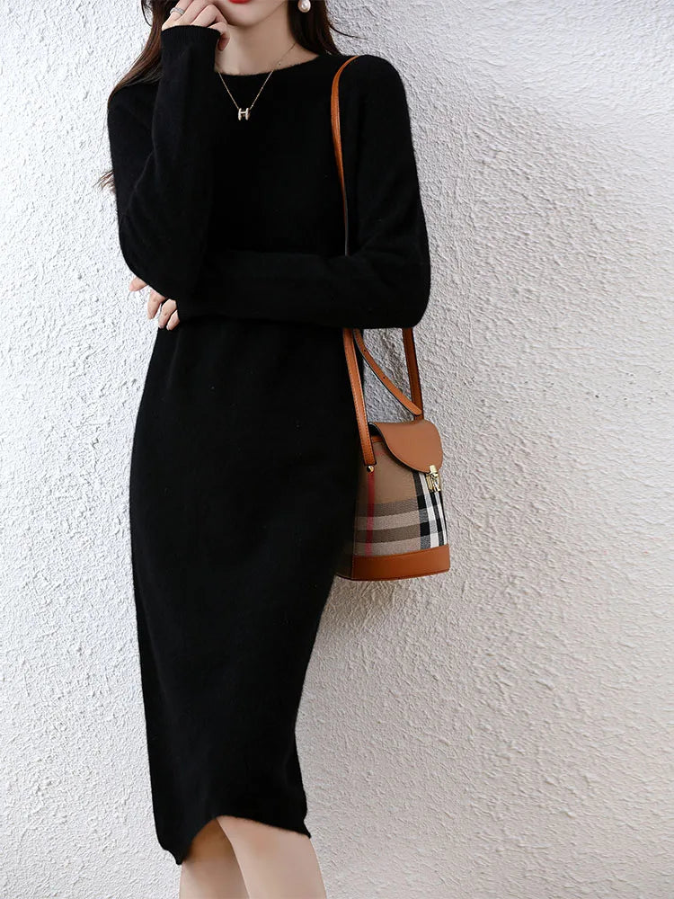 100% Merino Wool Long-Sleeve Midi Sweater Dress