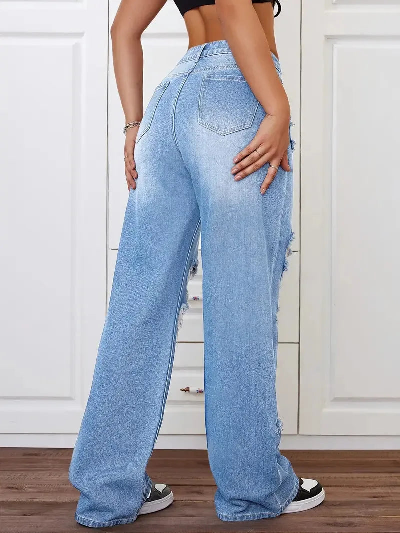 Women's Distressed Wide Leg Jeans | High Waist Denim