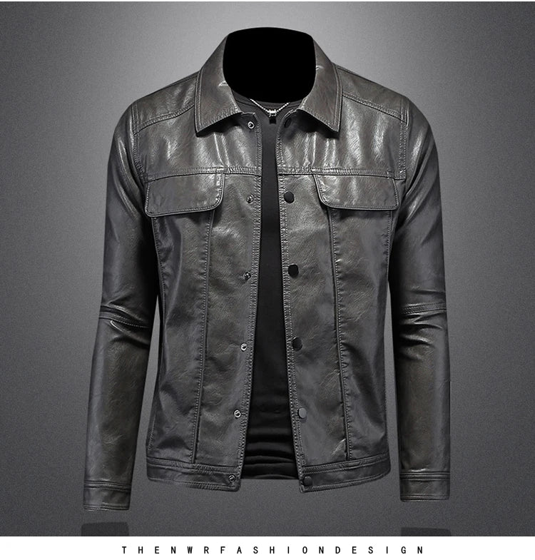 2024 Autumn and Winter New Men's Fashion Handsome with Solid Color Boutique Lapel Motorcycle Leather Coat Slim Fashion  M-5XL