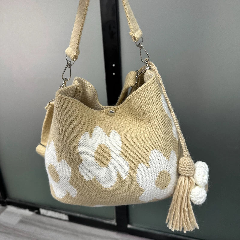 Handmade Crochet Bag Flower Tote Knit Floral Purse Bag, Boho Woven Beach Handbags Crossbody Shoulder Bag for Women Vacation