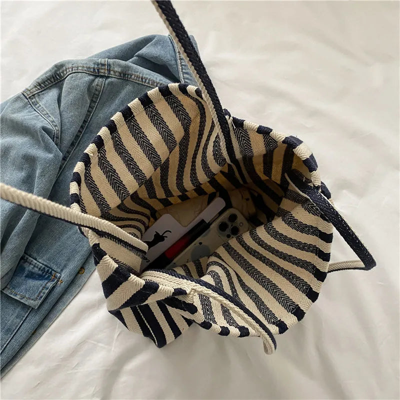 Female Casual Multifunctional Travel Top-handle Handbag Large Capacity Canvas Women Shopper Tote Simple Striped Shoulder Bag2025