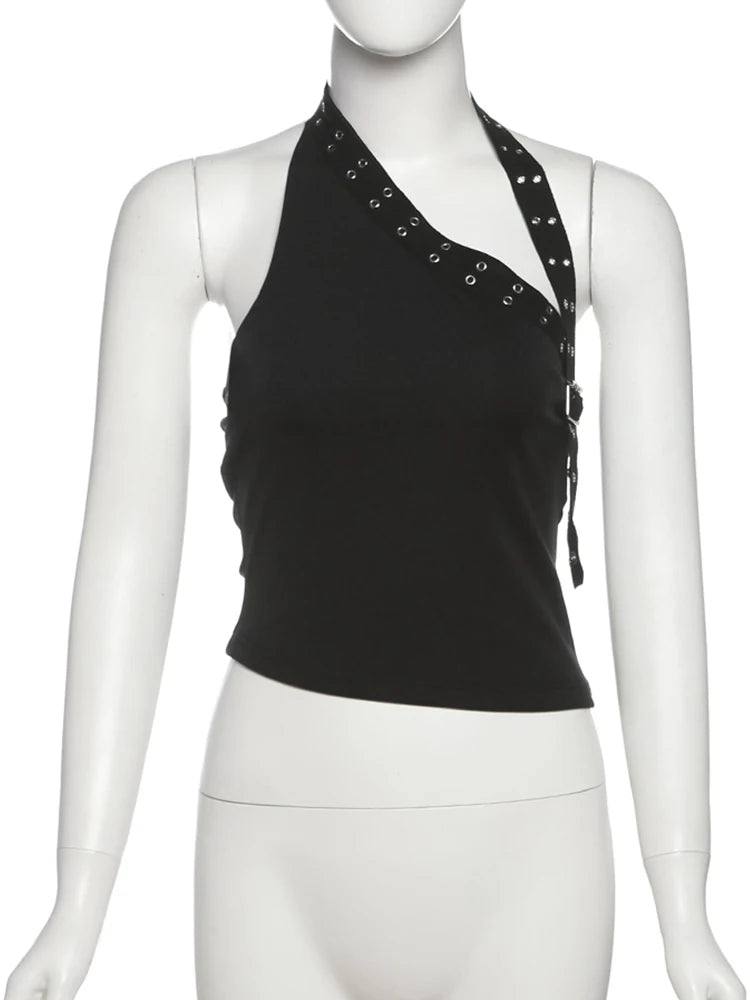 Nibber Sexy Hollow 3-Piece Set Women Hollow Biased Collar Backless Vests+Rivet Waistband+Simple Solid Shorts Slim Midnight Suits