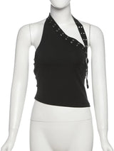 Nibber Sexy Hollow 3-Piece Set Women Hollow Biased Collar Backless Vests+Rivet Waistband+Simple Solid Shorts Slim Midnight Suits