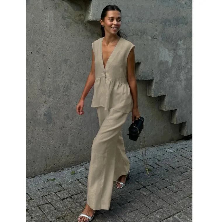 Fashion Women's Trouser Suits Sleeveless V-Neck Top Women Casual Straight Pants Sets Summer Women's Suit Commuter 2 Piece Set