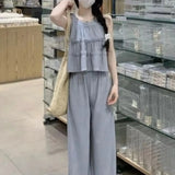Faionable round Ne Svel Top High Waist Straight Leg Pants Women's Summer New Sle Korean Version Two-Piece Set
