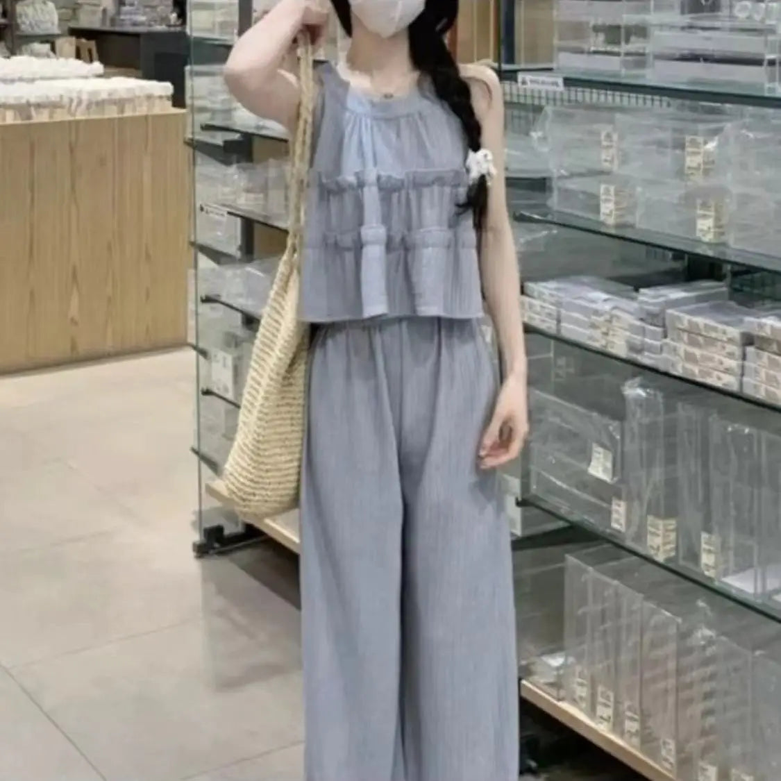 Faionable round Ne Svel Top High Waist Straight Leg Pants Women's Summer New Sle Korean Version Two-Piece Set