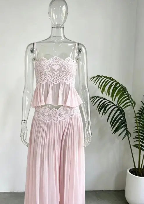 Women Floral Lace Sheer Layers Skirt Set Suspenders Ruffle Top High Waist Maxi Skirts 2026 Summer Beach Vacation Female Outfits