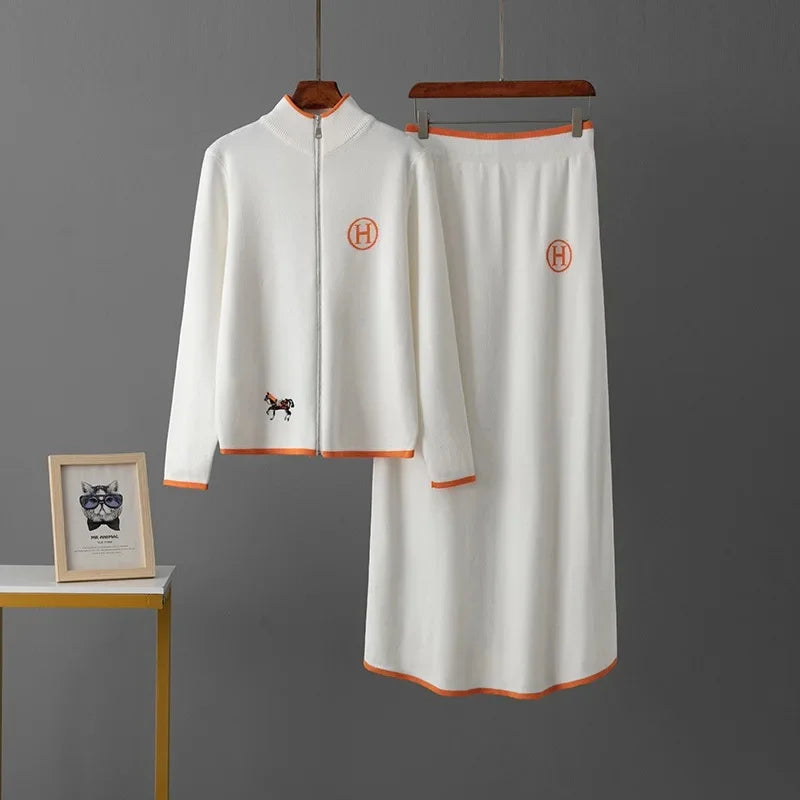 American-Made Luxury: Women’s Two-Piece Embroidered Wool Knit Jacket & Skirt Set