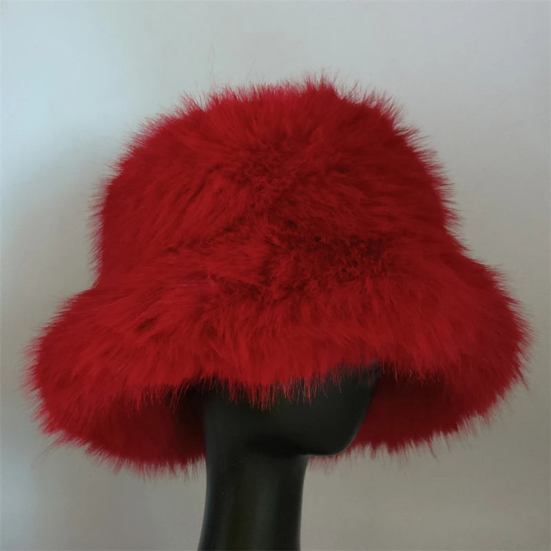 1pcs Winter Faux Fur Bucket Hat Warm Fluffy Plush colorful soft Winter hat Personality fur Fisherman Hats for women Plush hat겨